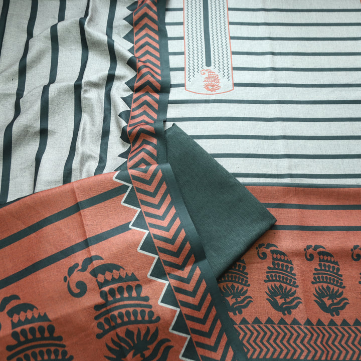Rashi Hazel Grey with Green Stripe Digital Print Semi Pashmina WInter Set