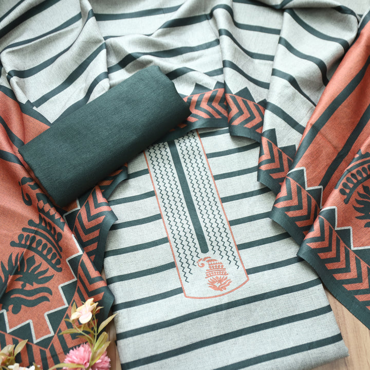 Rashi Hazel Grey with Green Stripe Digital Print Semi Pashmina WInter Set