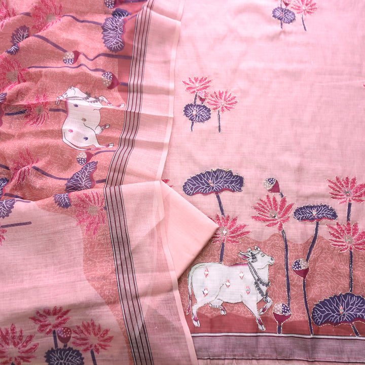 Kranti Coral Blush Pichwai Print Mirror with Zari Work Cotton Linen Suit Set