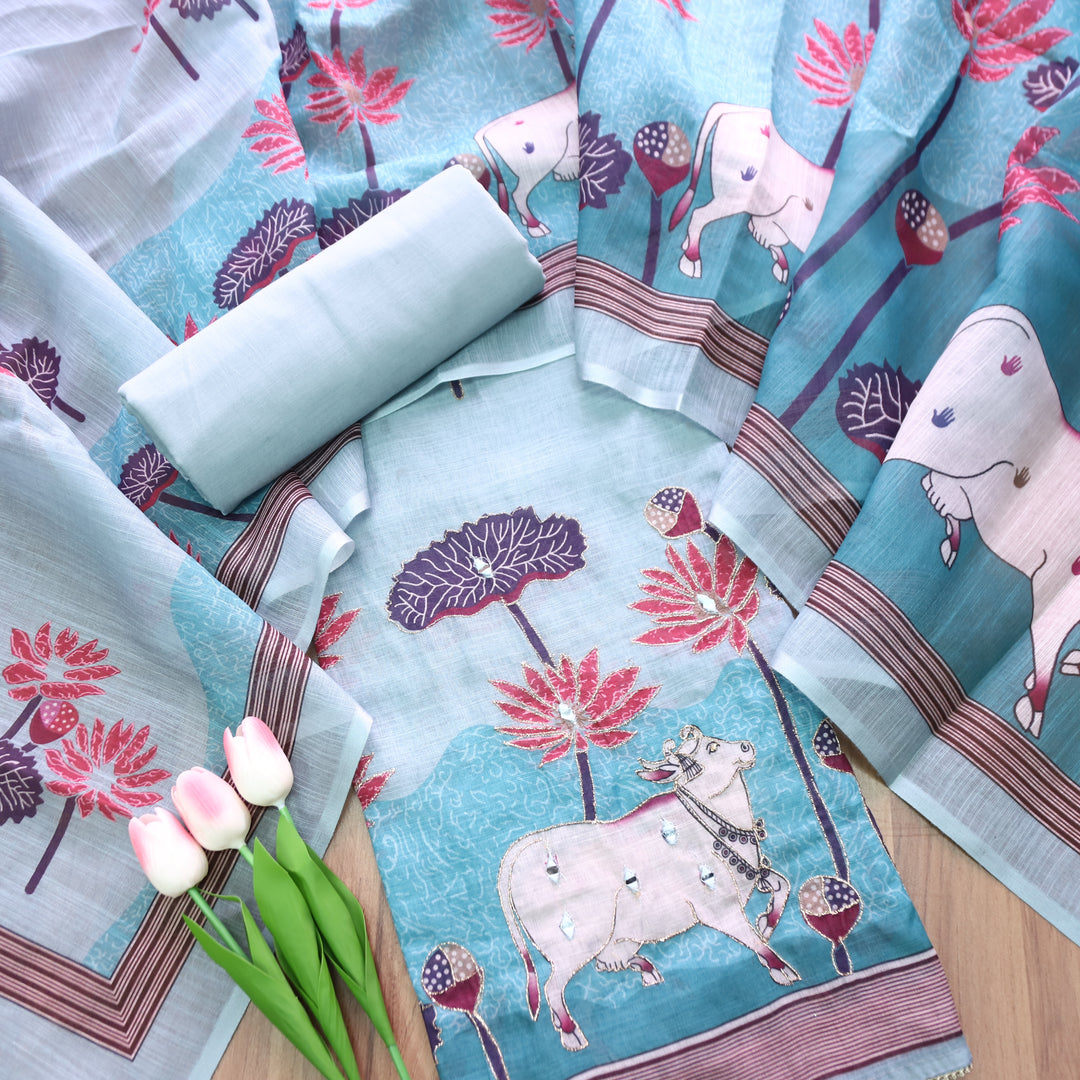 Kranti Aqua Blue Pichwai Print Mirror with Zari Work Cotton Linen Suit Set