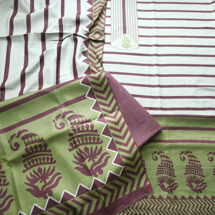Rashi Hazel Grey with Wine Stripe Digital Print Semi Pashmina WInter Set