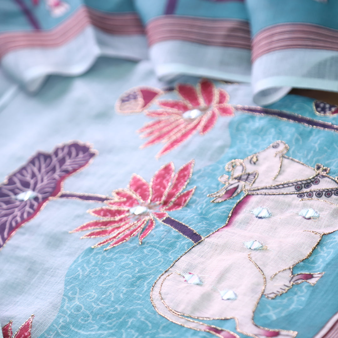 Kranti Aqua Blue Pichwai Print Mirror with Zari Work Cotton Linen Suit Set