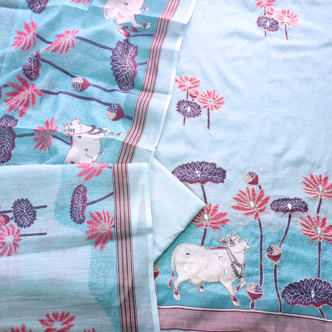 Kranti Aqua Blue Pichwai Print Mirror with Zari Work Cotton Linen Suit Set