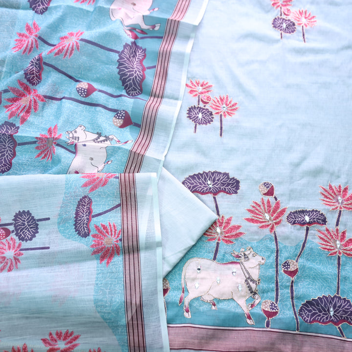Kranti Aqua Blue Pichwai Print Mirror with Zari Work Cotton Linen Suit Set