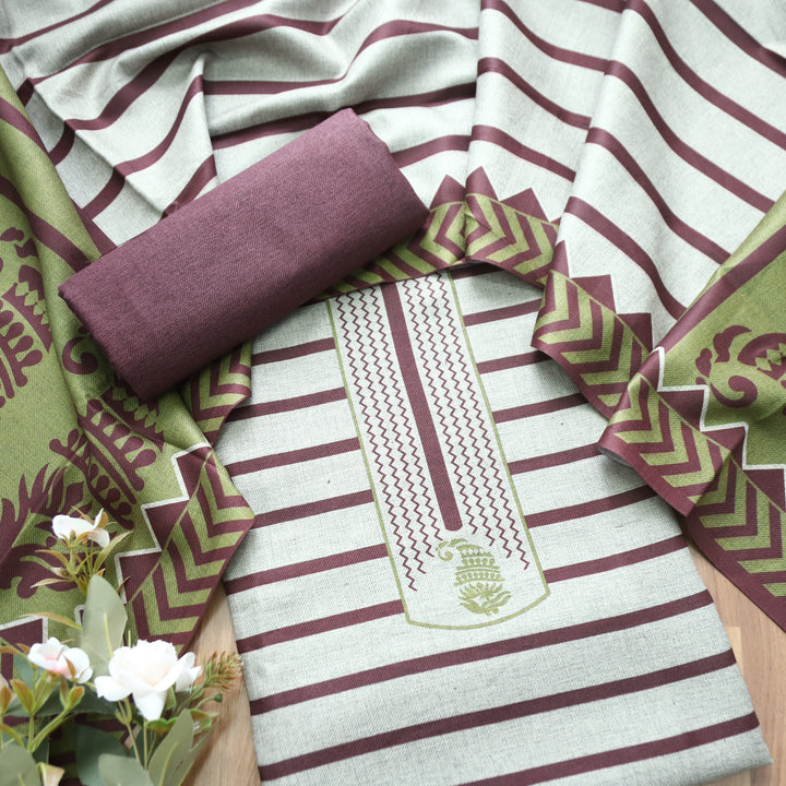 Rashi Hazel Grey with Wine Stripe Digital Print Semi Pashmina WInter Set