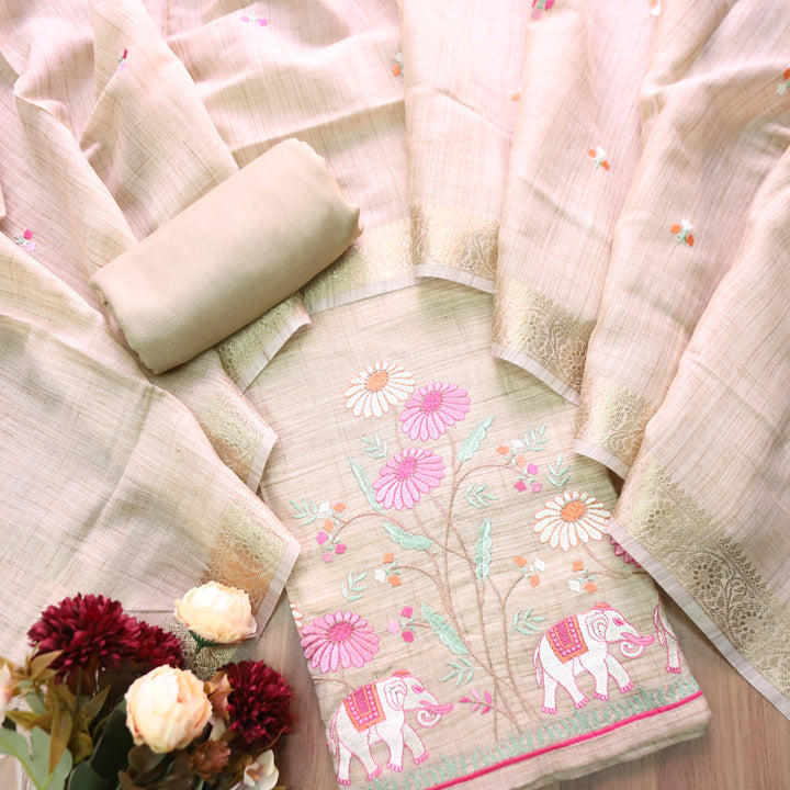 Aathiya Sand Beige Elephant Thread Embroidered Hem Cotton Linen Suit set