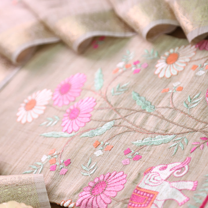 Aathiya Sand Beige Elephant Thread Embroidered Hem Cotton Linen Suit set