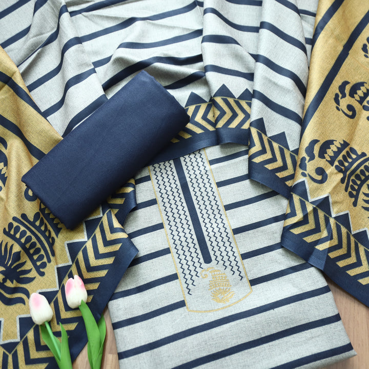 Rashi Hazel Grey with Blue Stripe Digital Print Semi Pashmina WInter Set