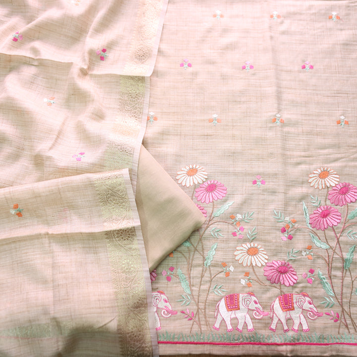 Aathiya Sand Beige Elephant Thread Embroidered Hem Cotton Linen Suit set