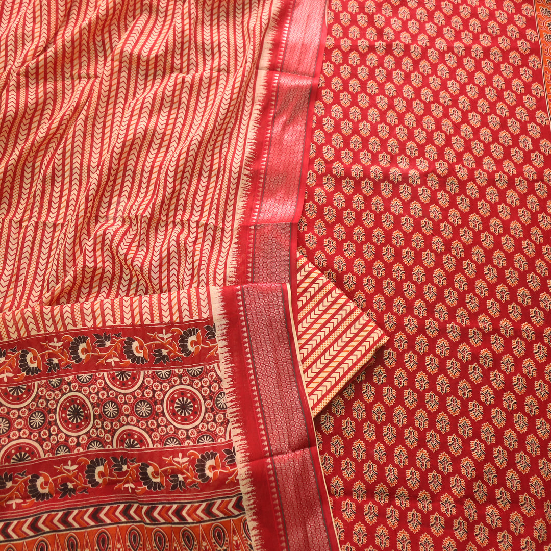 Lagauni Cherry Red Ajrak Printed Work With Mangalgiri Hem Cotton Suit Set