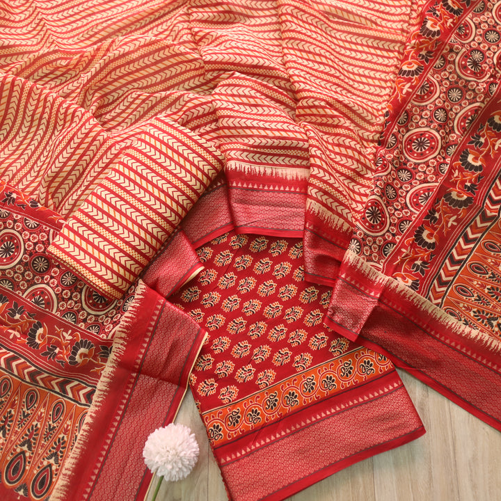 Lagauni Cherry Red Ajrak Printed Work With Mangalgiri Hem Cotton Suit Set