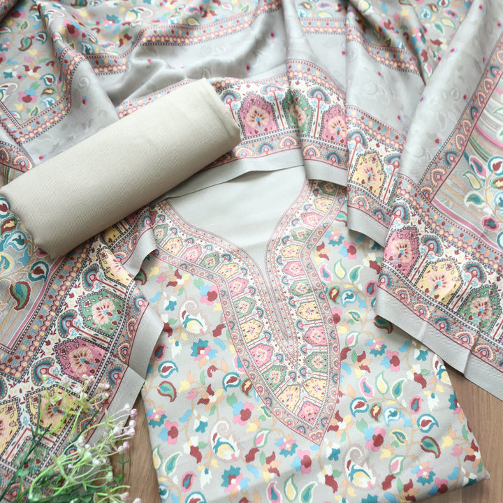 Mehbooba Buttermilk Grey Kanni Floral Printed Semi Pashmina Winter Set