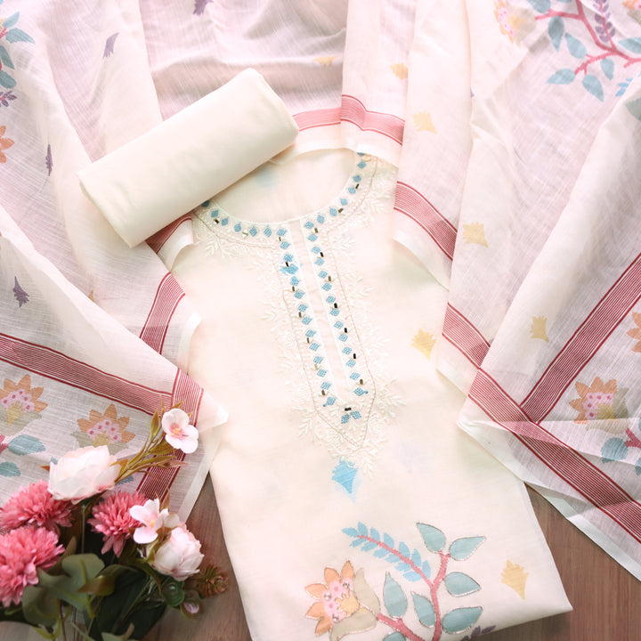 Chandni Off White Thread with Mirror Work Floral Printed Cotton Linen Set