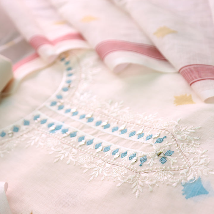 Chandni Off White Thread with Mirror Work Floral Printed Cotton Linen Set