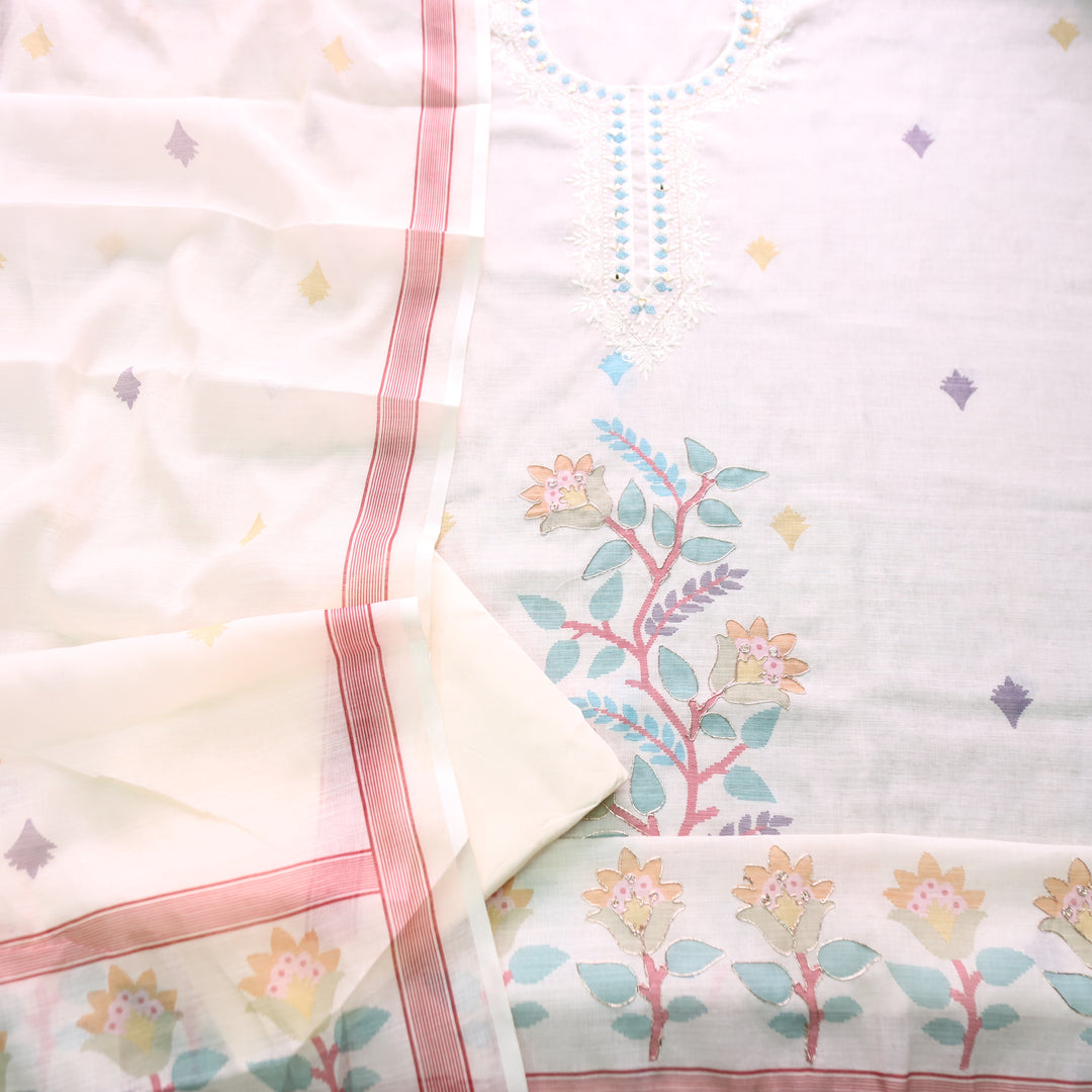 Chandni Off White Thread with Mirror Work Floral Printed Cotton Linen Set