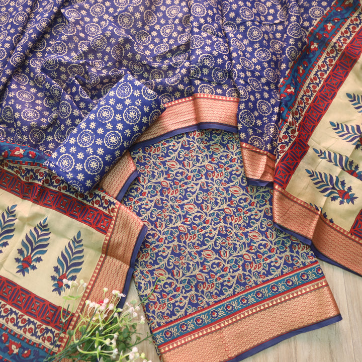 Lagauni Denim Blue Ajrak Printed Work With Mangalgiri Hem Cotton Suit Set