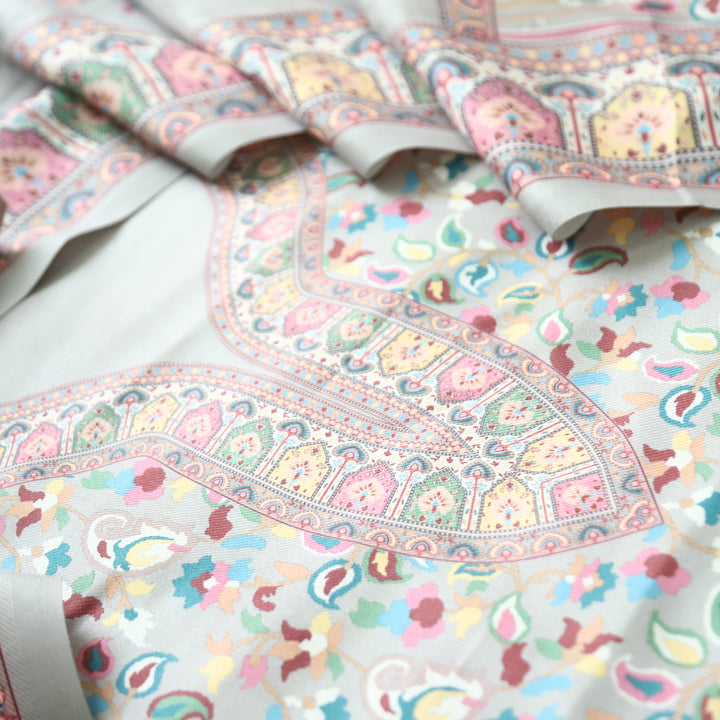 Mehbooba Buttermilk Grey Kanni Floral Printed Semi Pashmina Winter Set