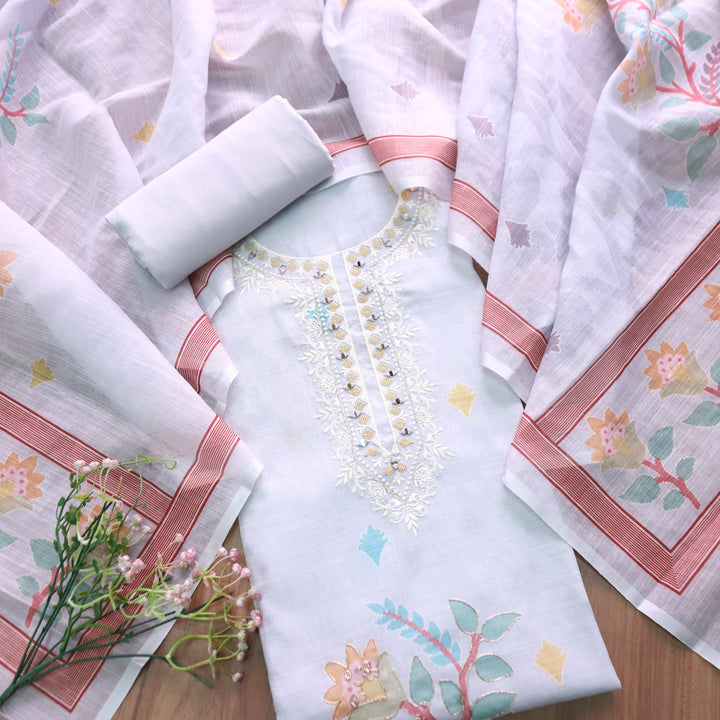 Chandni Fossil Grey Thread with Mirror Work Floral Printed Cotton Linen Set