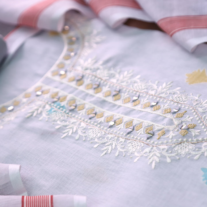 Chandni Fossil Grey Thread with Mirror Work Floral Printed Cotton Linen Set