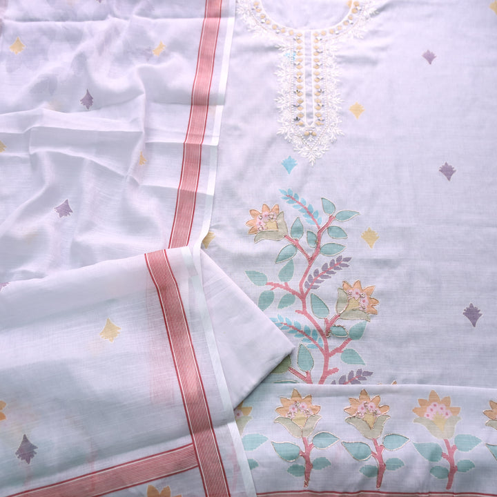 Chandni Fossil Grey Thread with Mirror Work Floral Printed Cotton Linen Set