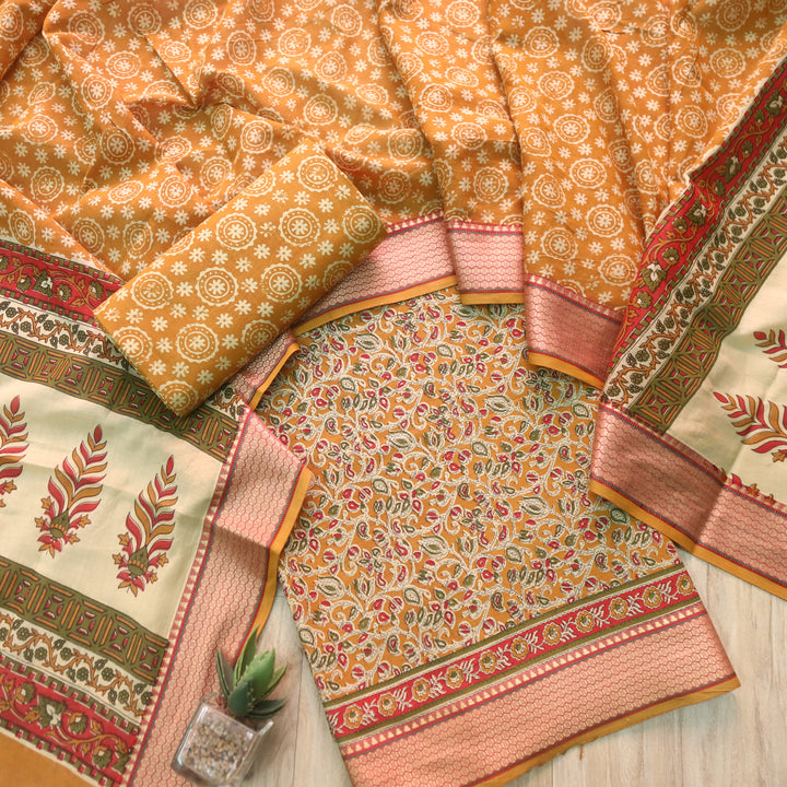 Lagauni Light Yellow Ajrak Printed Work With Mangalgiri Hem Cotton Suit Set