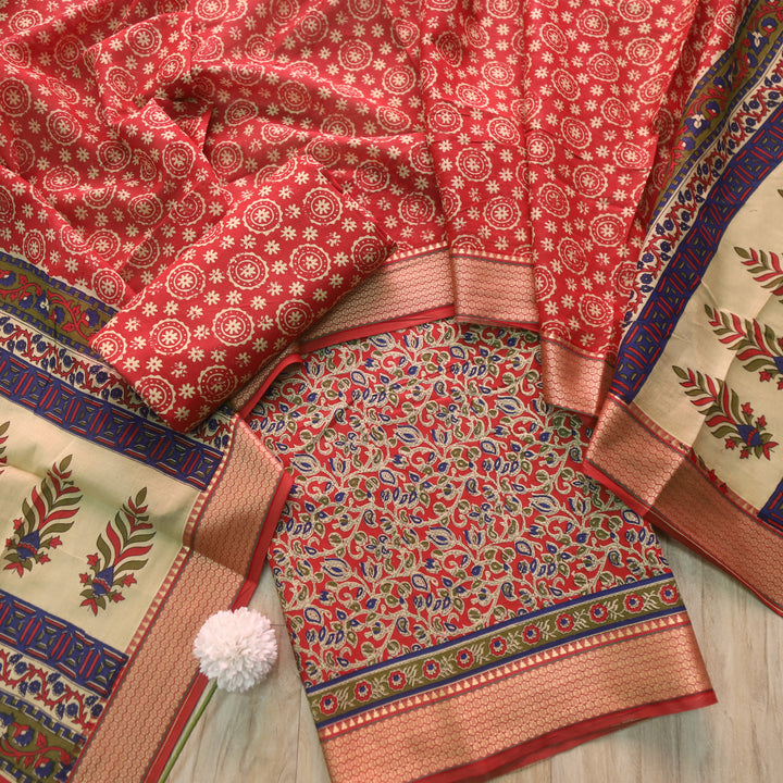 Lagauni Apple Red Ajrak Printed Work With Mangalgiri Hem Cotton Suit Set