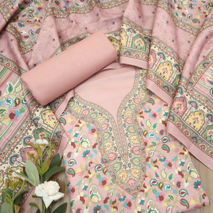 Mehbooba Petal Pink Kanni Floral Printed Semi Pashmina Winter Set