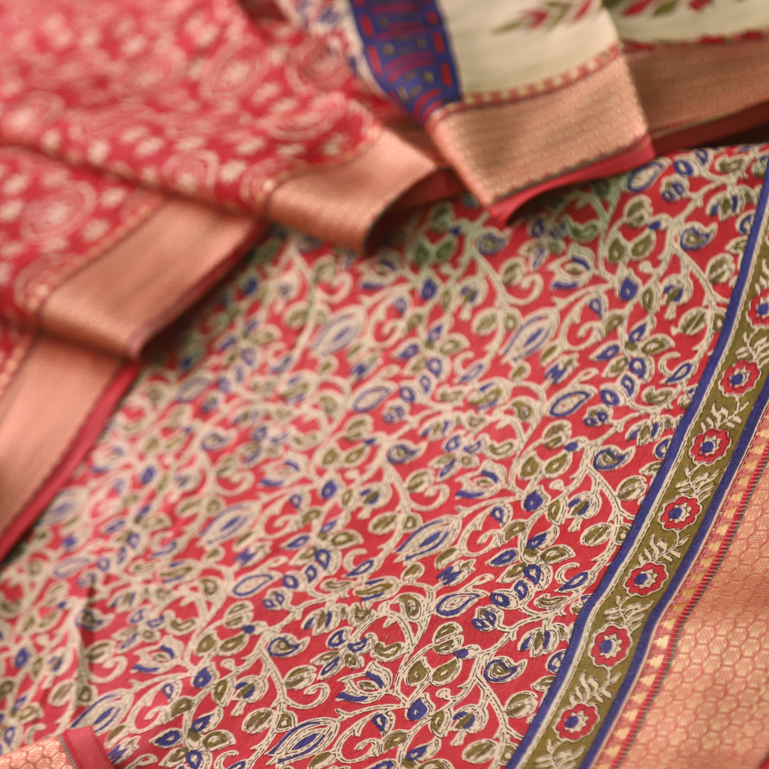 Lagauni Apple Red Ajrak Printed Work With Mangalgiri Hem Cotton Suit Set