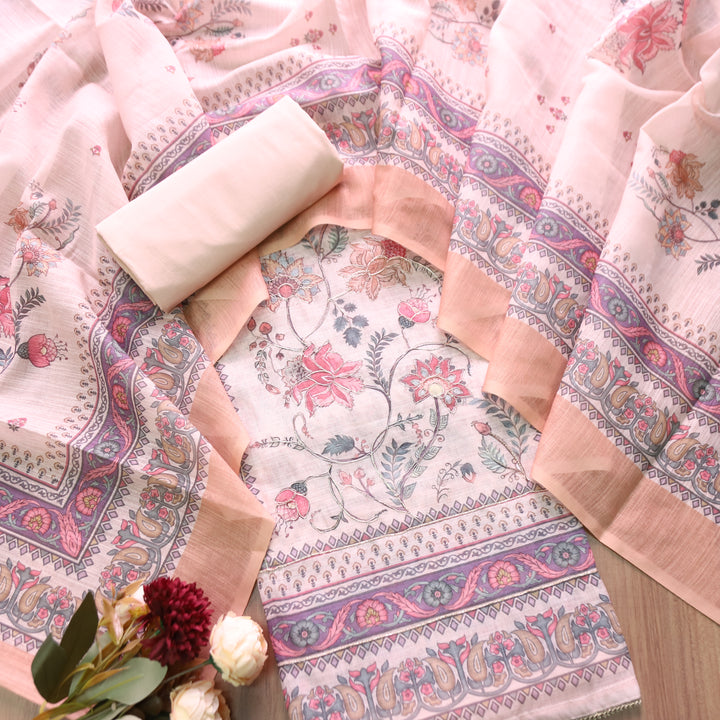 Chandni Soft Coral Panel Digital Floral Printed with Zari Work Cotton Linen Set
