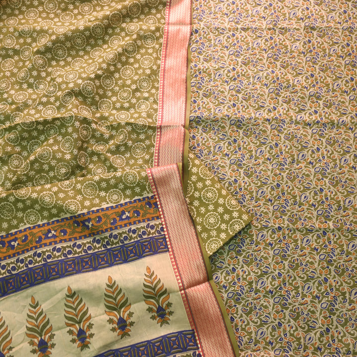 Lagauni Grass Green Ajrak Printed Work With Mangalgiri Hem Cotton Suit Set