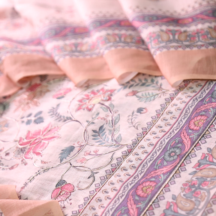 Chandni Soft Coral Panel Digital Floral Printed with Zari Work Cotton Linen Set