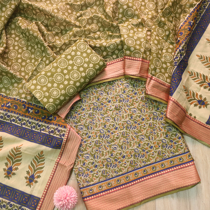 Lagauni Grass Green Ajrak Printed Work With Mangalgiri Hem Cotton Suit Set