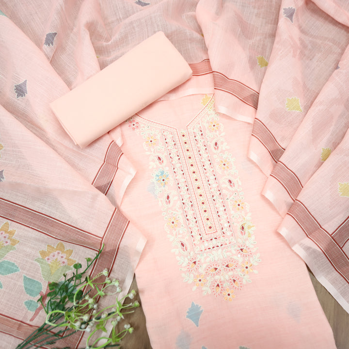 Chandni Pale Peach Thread Embroidered Neck with Print Cotton Linen Set