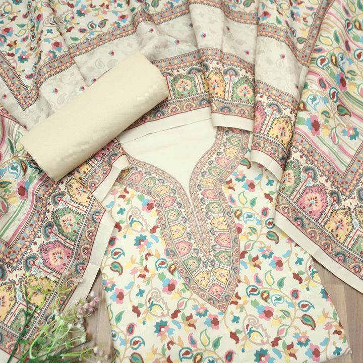 Mehbooba Cream White Kanni Floral Printed Semi Pashmina Winter Set