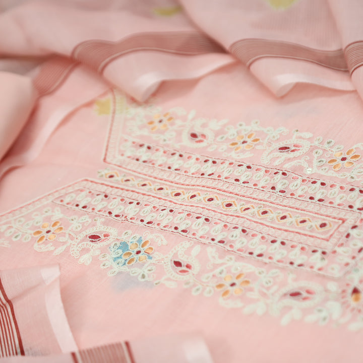 Chandni Pale Peach Thread Embroidered Neck with Print Cotton Linen Set