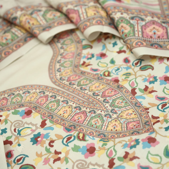 Mehbooba Cream White Kanni Floral Printed Semi Pashmina Winter Set