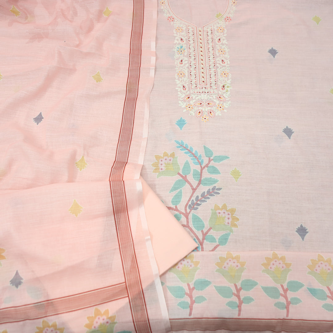 Chandni Pale Peach Thread Embroidered Neck with Print Cotton Linen Set
