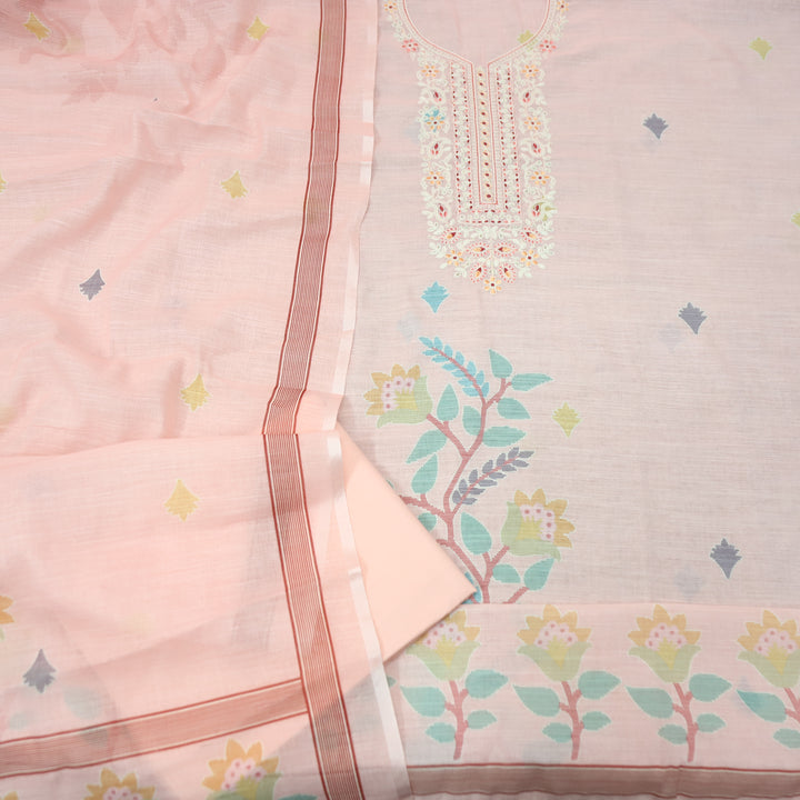Chandni Pale Peach Thread Embroidered Neck with Print Cotton Linen Set