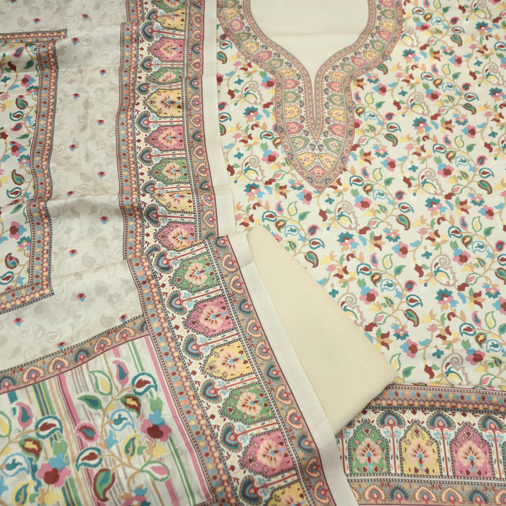 Mehbooba Cream White Kanni Floral Printed Semi Pashmina Winter Set