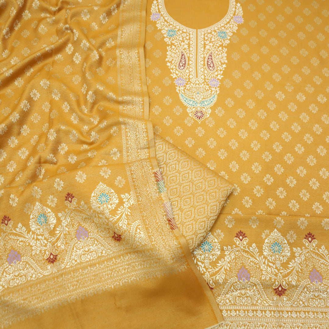 Shantipriya Dijon Yellow Zari Woven Semi Pashmina Winter Set