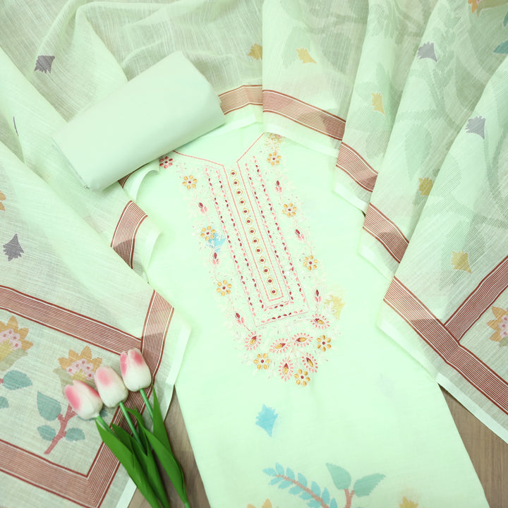 Chandni Mint Green Thread Embroidered Neck with Print Cotton Linen Set