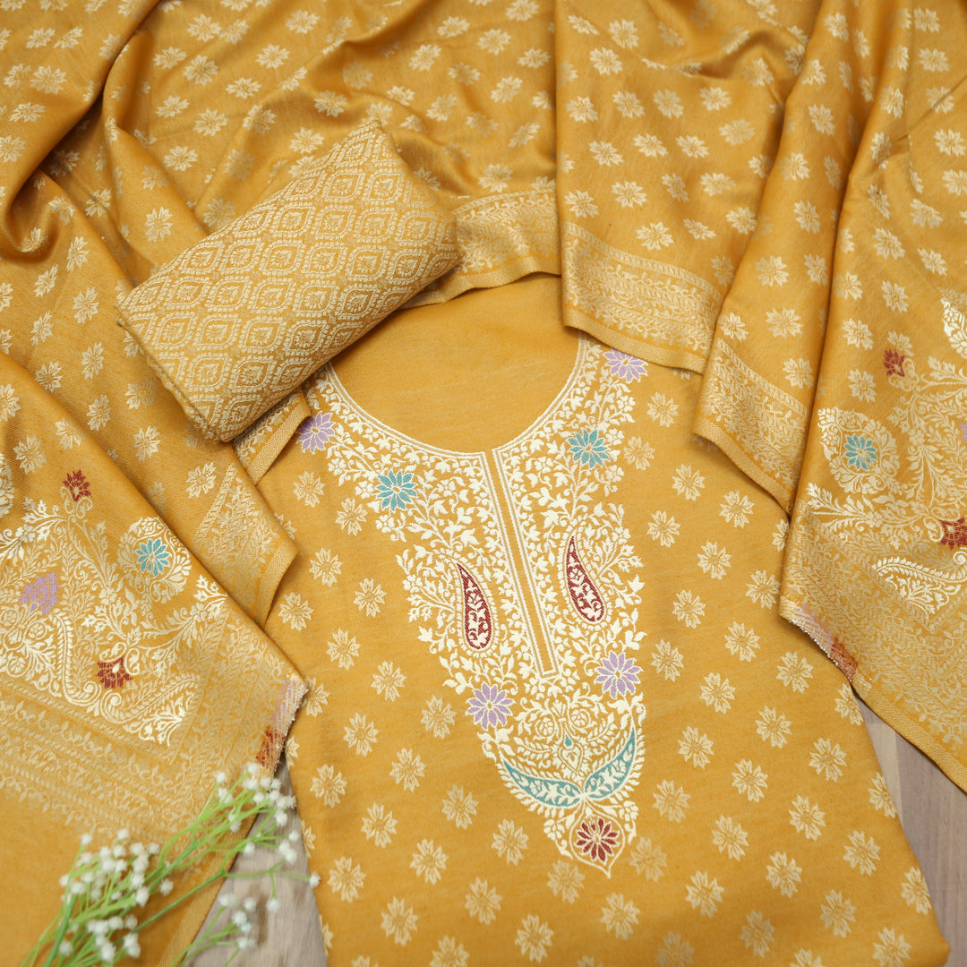 Shantipriya Dijon Yellow Zari Woven Semi Pashmina Winter Set