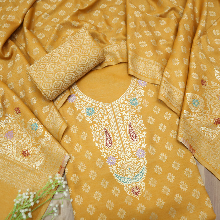 Shantipriya Dijon Yellow Zari Woven Semi Pashmina Winter Set