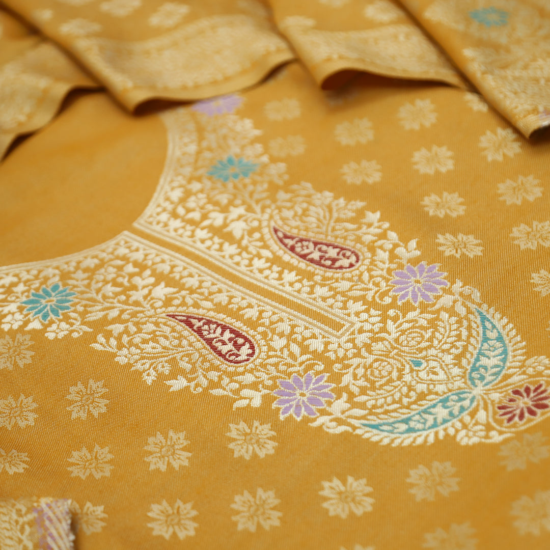 Shantipriya Dijon Yellow Zari Woven Semi Pashmina Winter Set