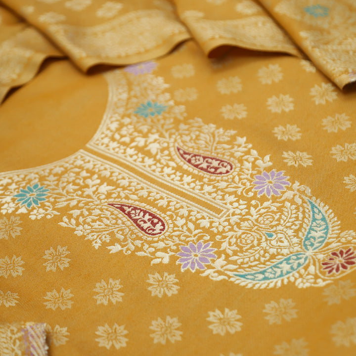 Shantipriya Dijon Yellow Zari Woven Semi Pashmina Winter Set