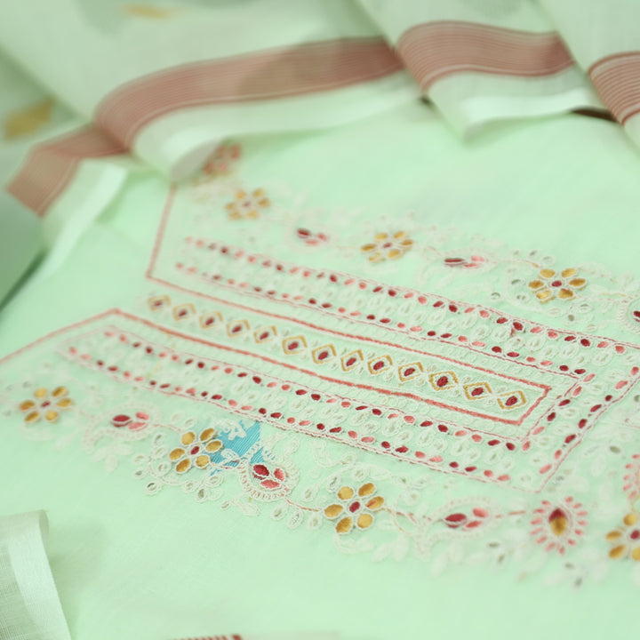Chandni Mint Green Thread Embroidered Neck with Print Cotton Linen Set