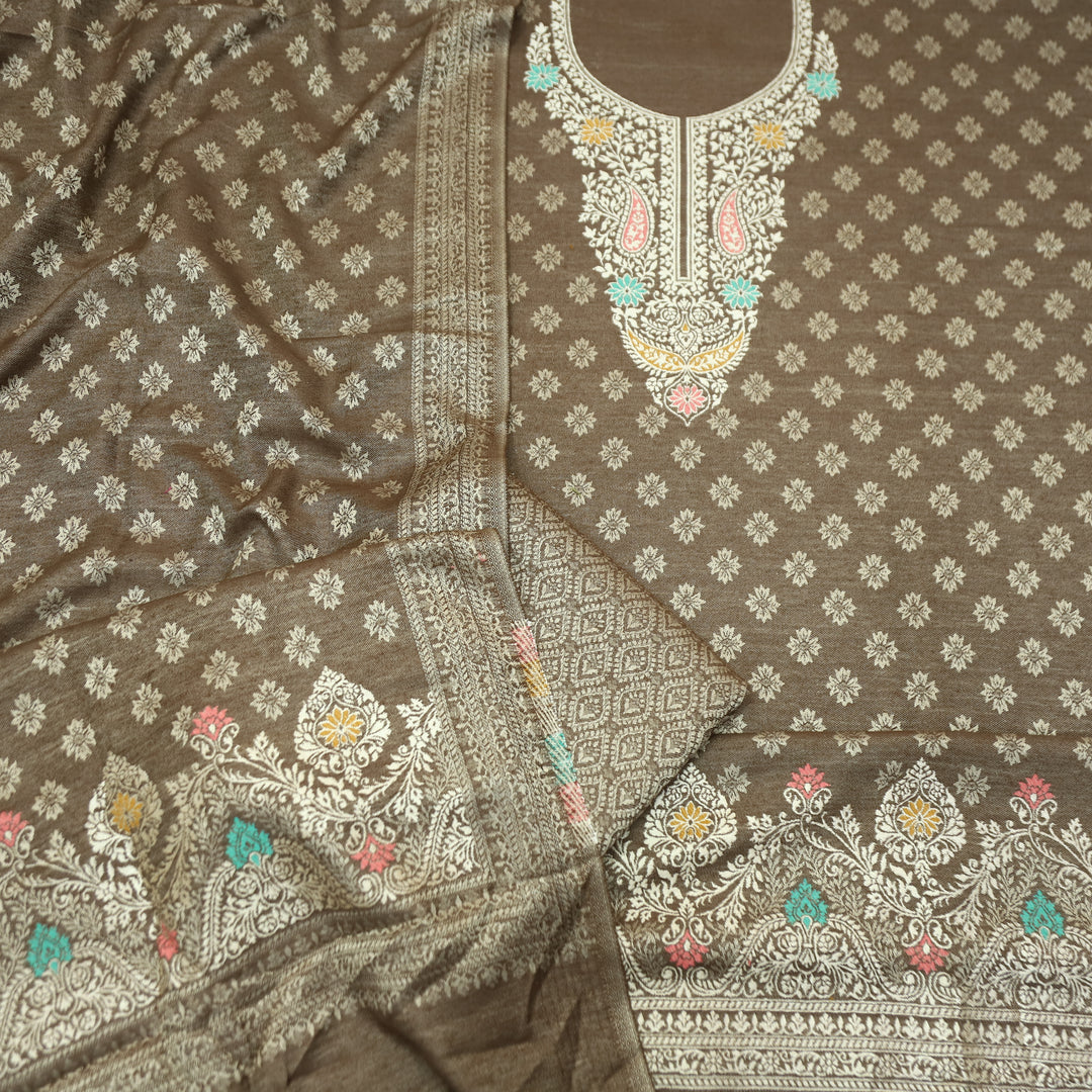 Shantipriya Coffee Brown Zari Woven Semi Pashmina Winter Set