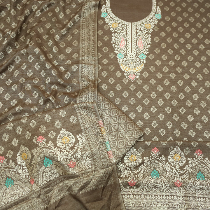 Shantipriya Coffee Brown Zari Woven Semi Pashmina Winter Set