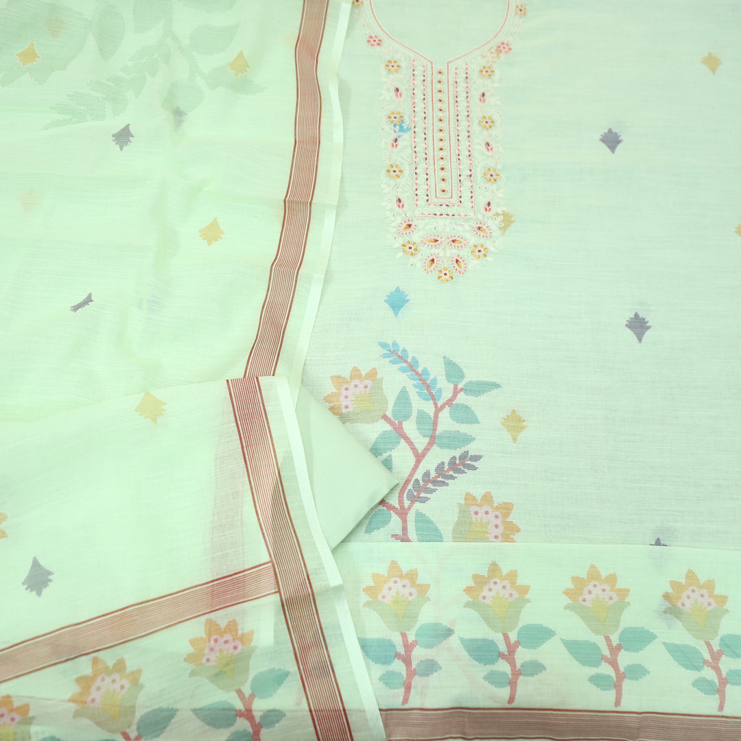 Chandni Mint Green Thread Embroidered Neck with Print Cotton Linen Set