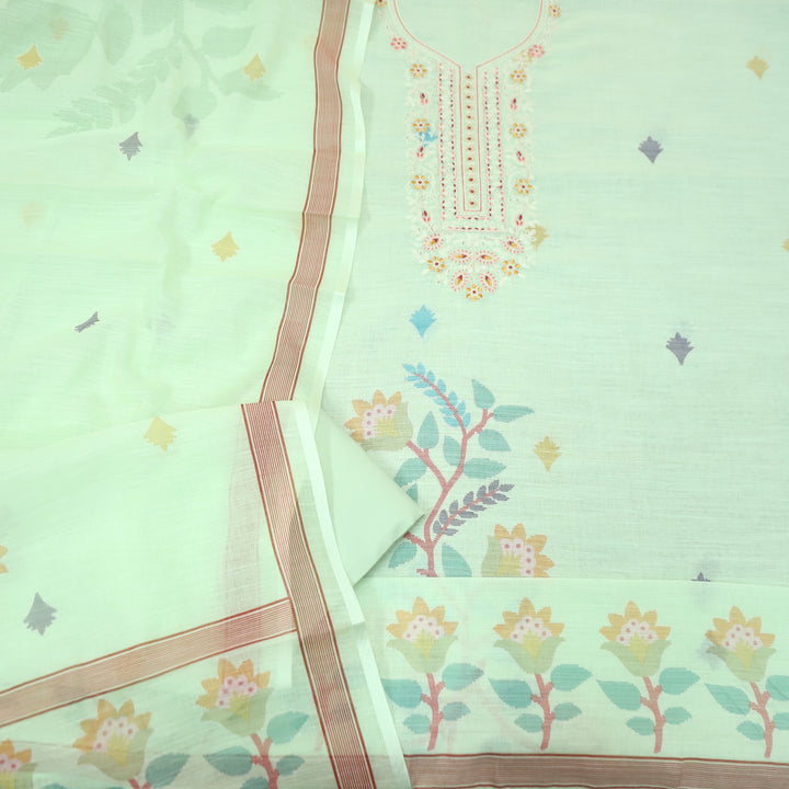 Chandni Mint Green Thread Embroidered Neck with Print Cotton Linen Set